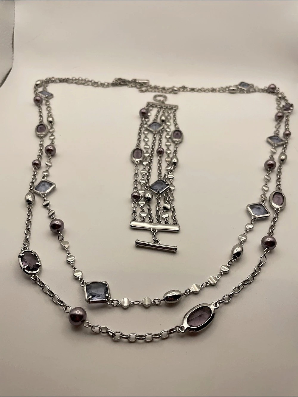 White House Black Market Silver Tone Purple Stone Layered Necklace & Bracelet